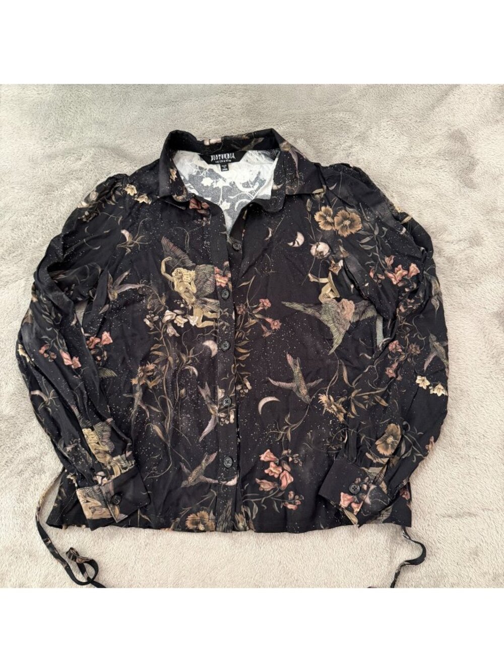 Disturbia Button Up Collared Tie Back Blouse Shirt Top Womens Size 2 Punk Goth